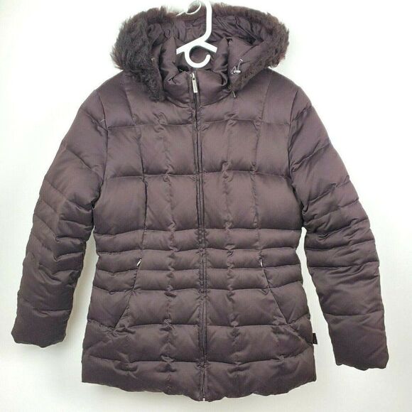 Calvin Klein Brown Duck Down Hooded Faux Fur Trim Puffer Jacket Coat Womens L - Picture 1 of 7